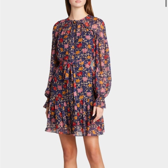 SALONI Pixie Floral Long Sleeve Dress Ruffle 100% Silk Fall Preppy - Picture 1 of 11